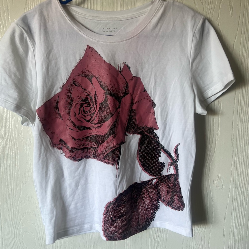 White T-Shirt with Pink Rose Graphic